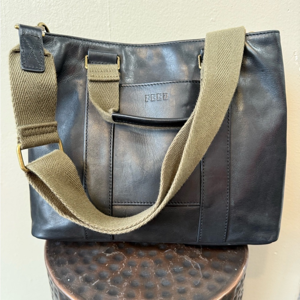 FEED Black Soft Leather Crossbody Tote Bag with Canvas Strap